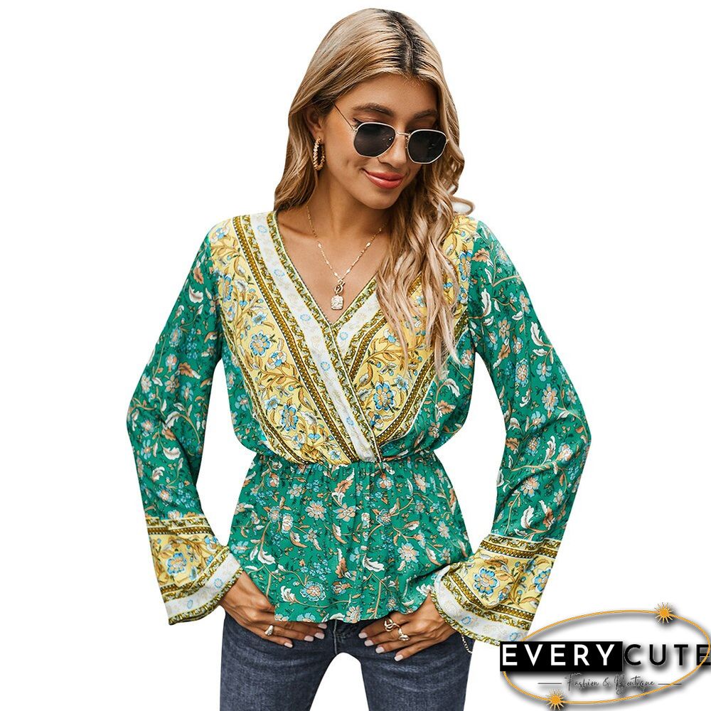Sale New Women V Neck Floral Print Vintage Tops Women Retro Print Shirt Autumn Long Sleeve Blouse Loose Tops Blouse D30