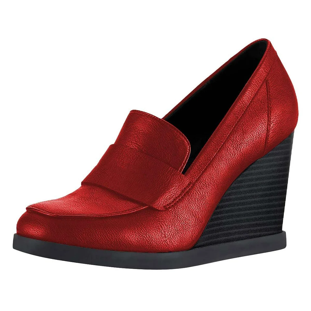 Elegant Round Toe Red Wedge Heeled Loafers Women with Platform
