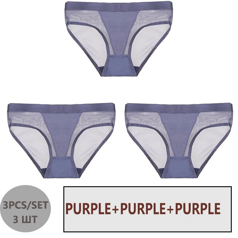 FINETOO 3PCS/Set Women Panties Sexy Mesh Lingerie Breathable Female Underwear For Woman Low-Rise Underpant Woman Panties Briefs