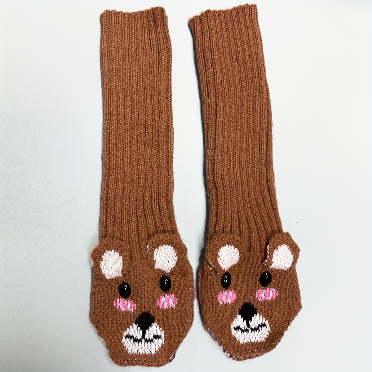 Personality Chic Bear Head Knit Gloves Cute Long Stretchy Fingerless Gloves Autumn Winter Women's Coldproof Warm Arm Sleeves