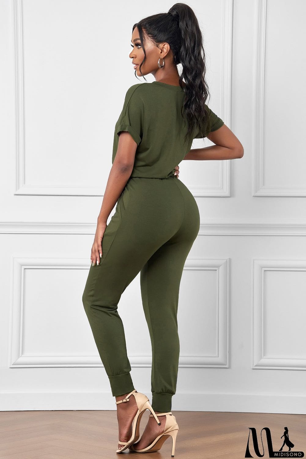 MidiSono - Casual Army Green V Neck Wrap Front Jumpsuits