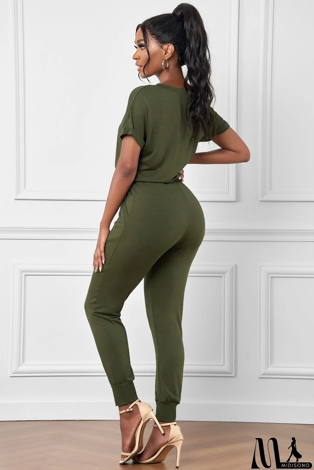 MidiSono - Casual Army Green V Neck Wrap Front Jumpsuits