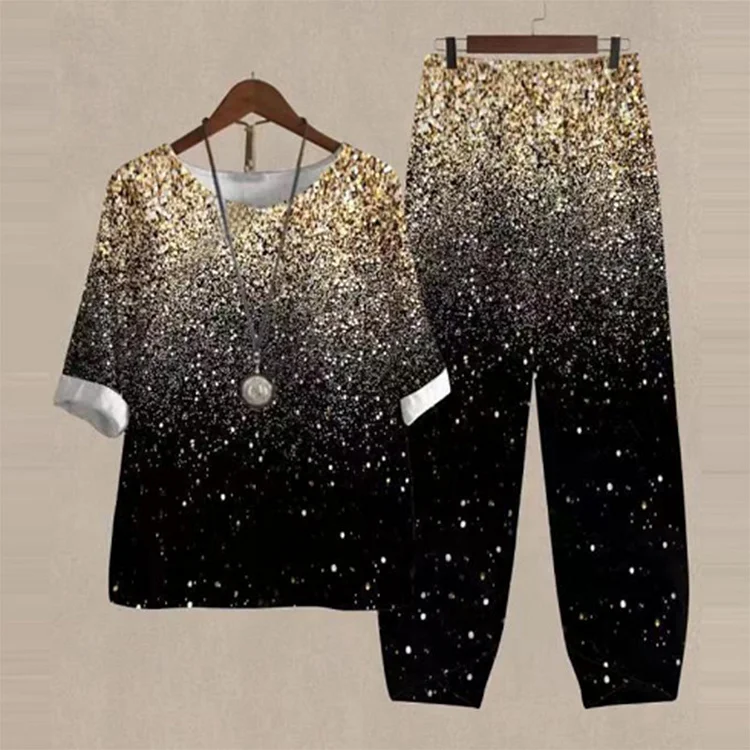 VChics Casual Star Gradient Print Top Two-Piece Set