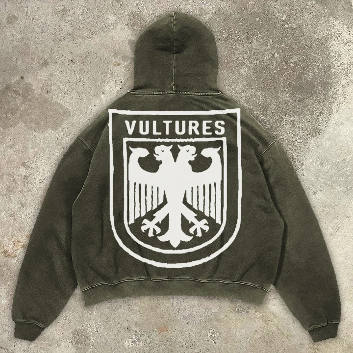 Vintage Vultures Print Graphic Acid Washed Oversized Pullover Hoodie SOPULA