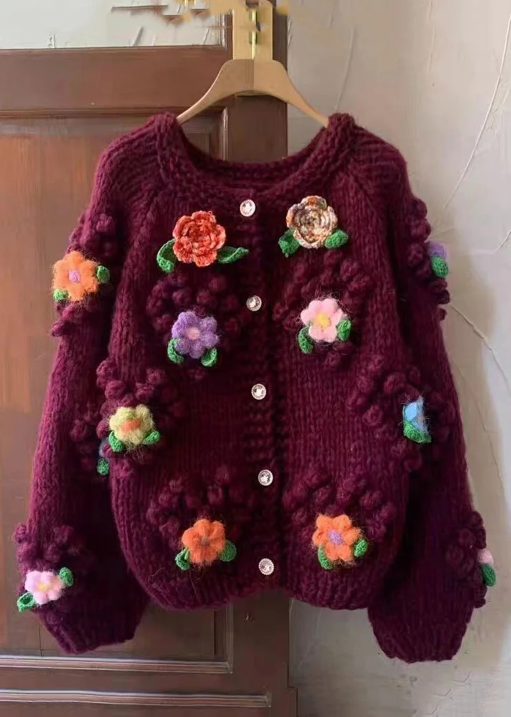 Floral Red O Neck Button Cozy Cotton Knit Coats Long Sleeve