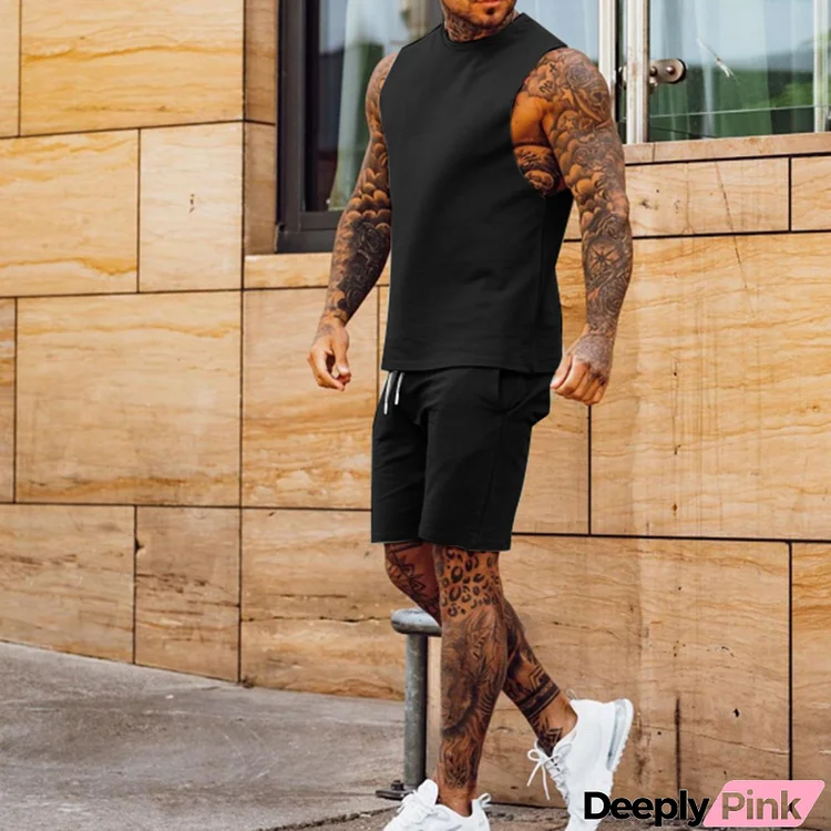 Men Casual Sleeveless Round Neck Solid Color Loose Vest And Drawstring Waist Shorts Two-piece Set