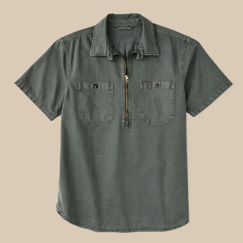 Men's Vintage Herringbone Workwear Zip-Neck Top