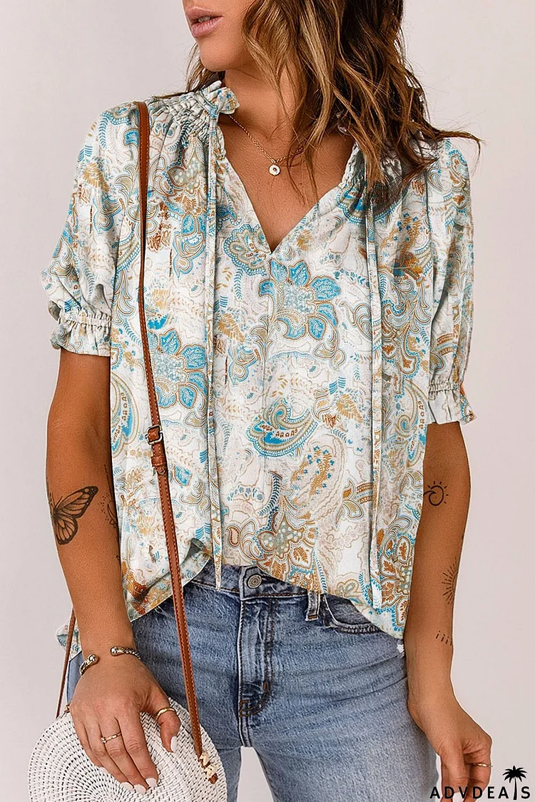 Printed Tie Neck Flounce Sleeve Top