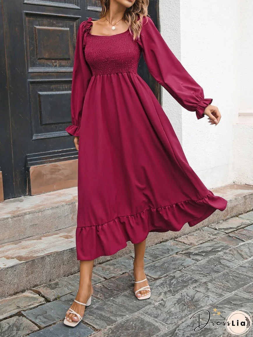 Casual Square Neck Long Sleeve Ruffle Dress