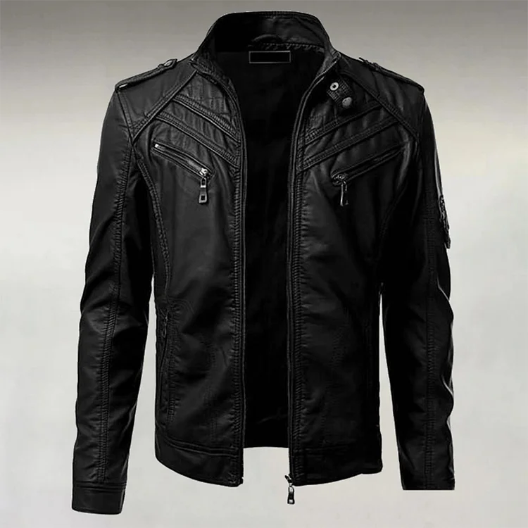 Men's Casual Textured PU Leather Stand Collar Zip Pocket Long Sleeve Jacket