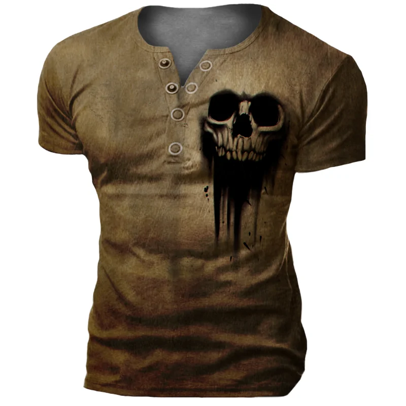 Men's Retro Casual Skull Tactical Henry T-shirt / [viawink] /