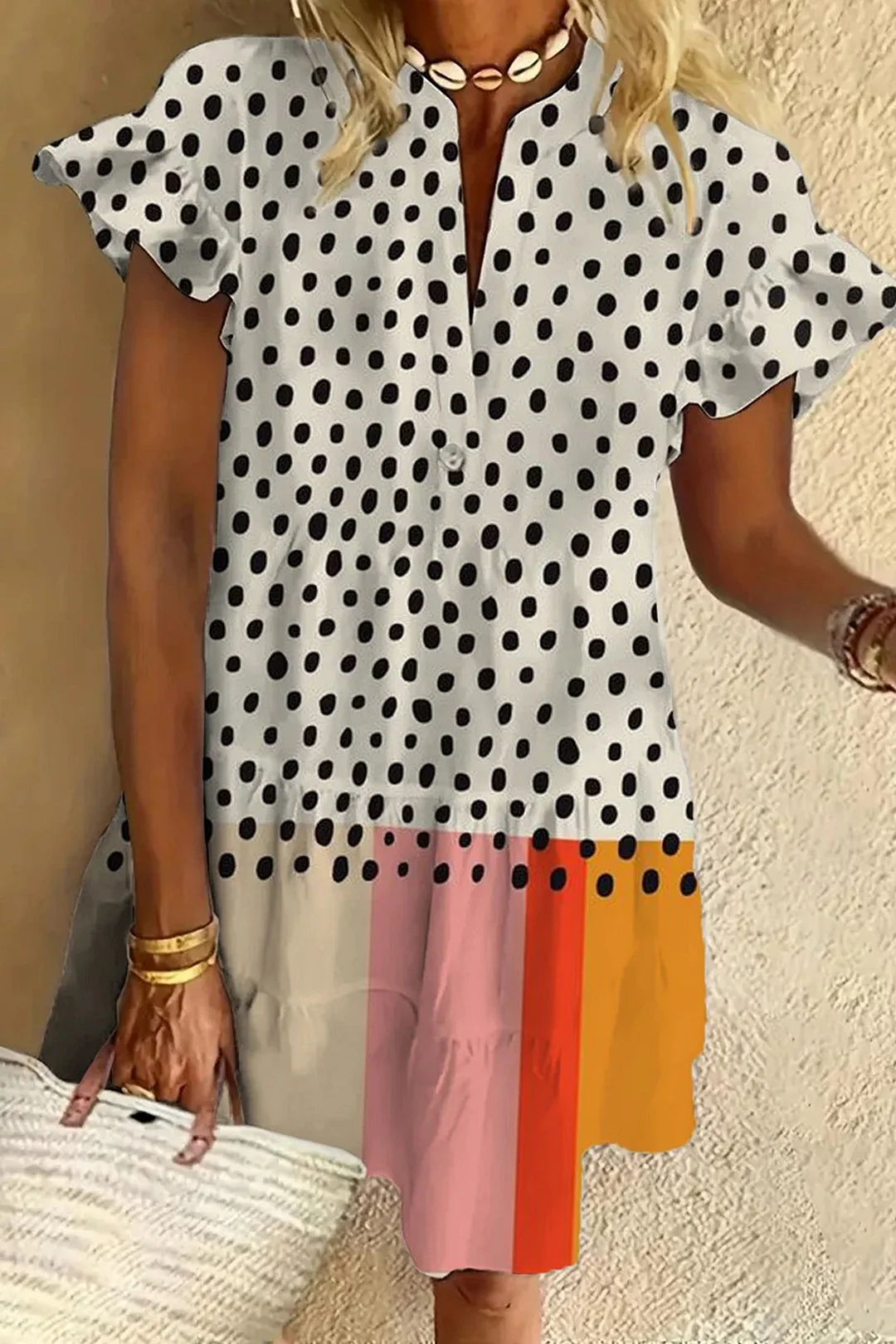 Geometry Print Ruffled Short-sleeved V-neck Buttoned Dress Vacation Beach Dress