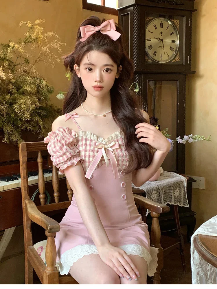 Tlbang Pink Plaid Bow Princess Mini Dress Women 2023 Summer Sexy Slim Slash Neck Lace Ruffle Kawaii Y2k Lolita Female Clothing