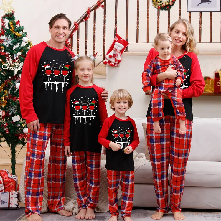 Christmas Wine Glasses Cartoon Print Red Plaid Family Matching Pajamas Sets(Black)