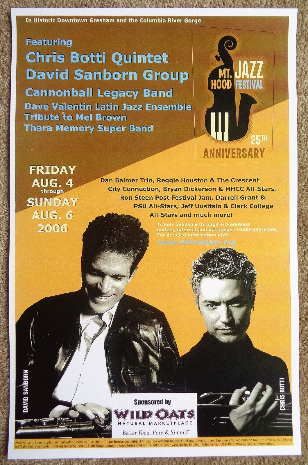 CHRIS BOTTI & DAVID SANBORN 2006 Gig POSTER Portland Oregon Concert