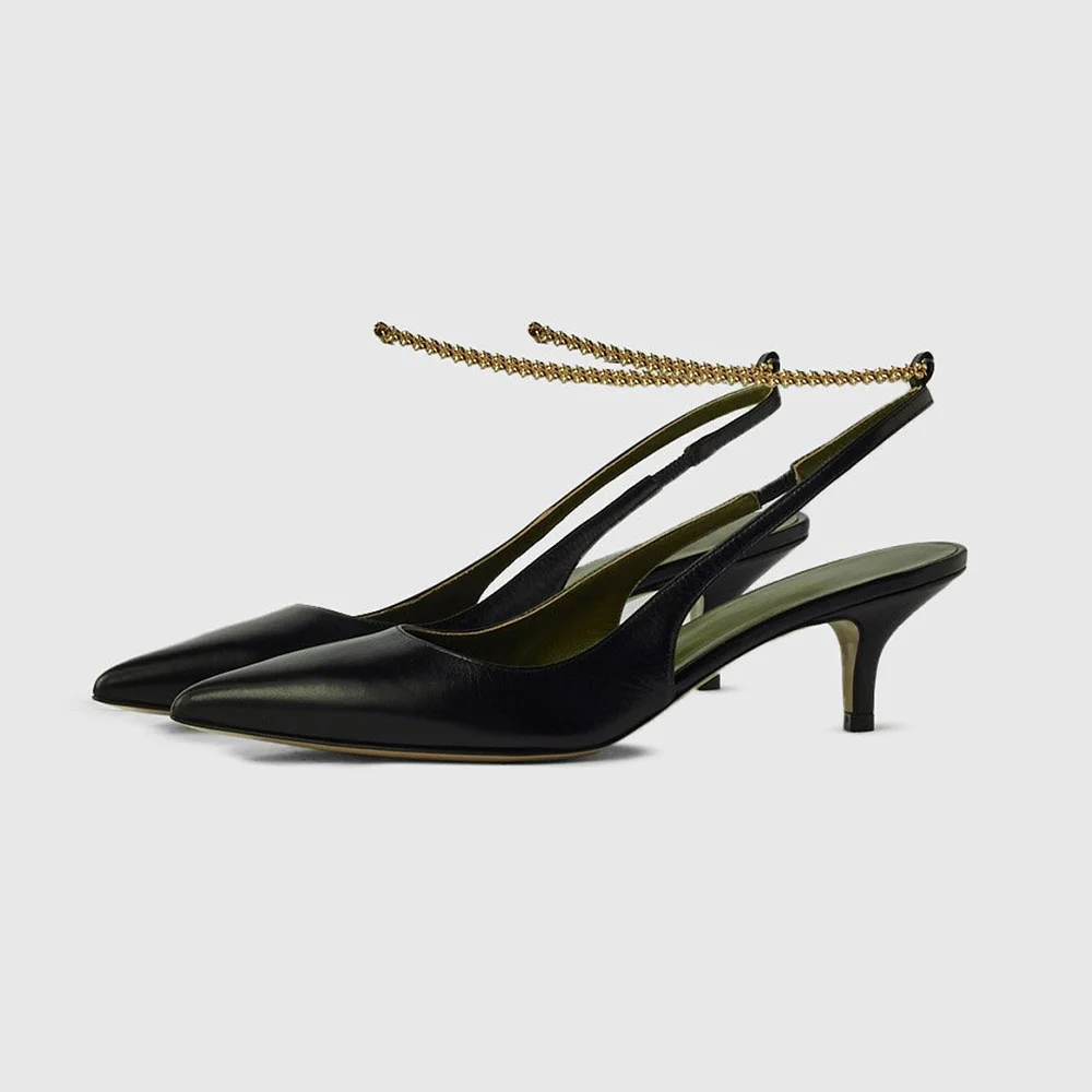 YDN Simple Black Pointed Toe Stiletto Heel Chain Slingback Pumps