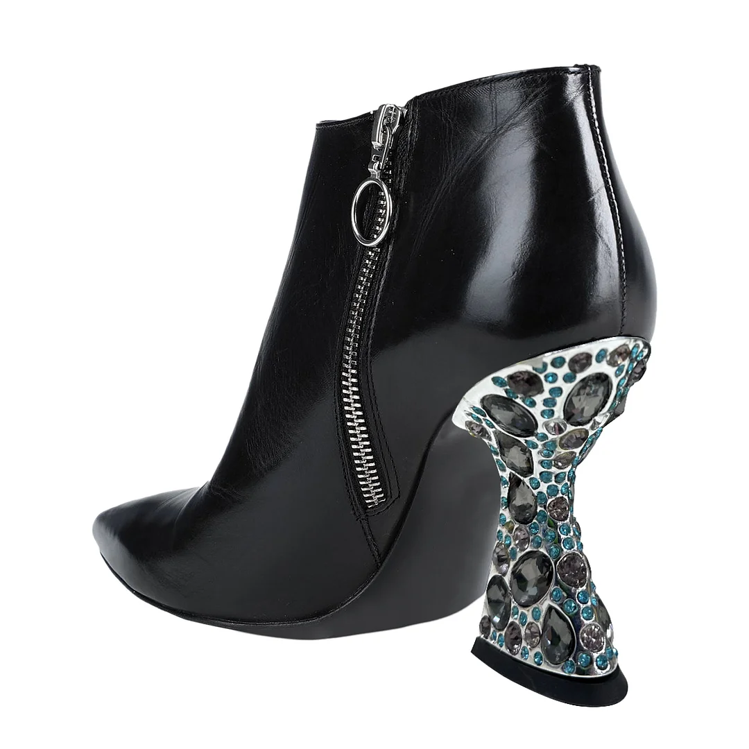 Vegan Leather Pointed Side-Zip Decorative Heel Black Ankle Boots