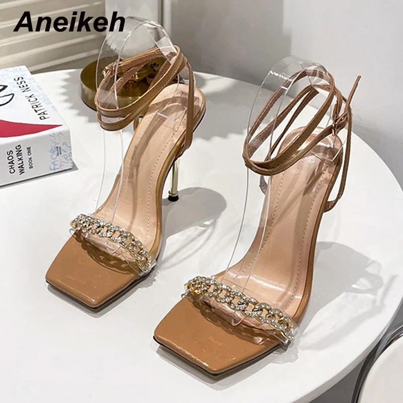 Aneikeh Sexy PVC Chain Crystal Shallow Bling Women's Sandals Summer  Fashion Sewing Thin Heels Cross-Tied 2022 NEW Shoes Sweet