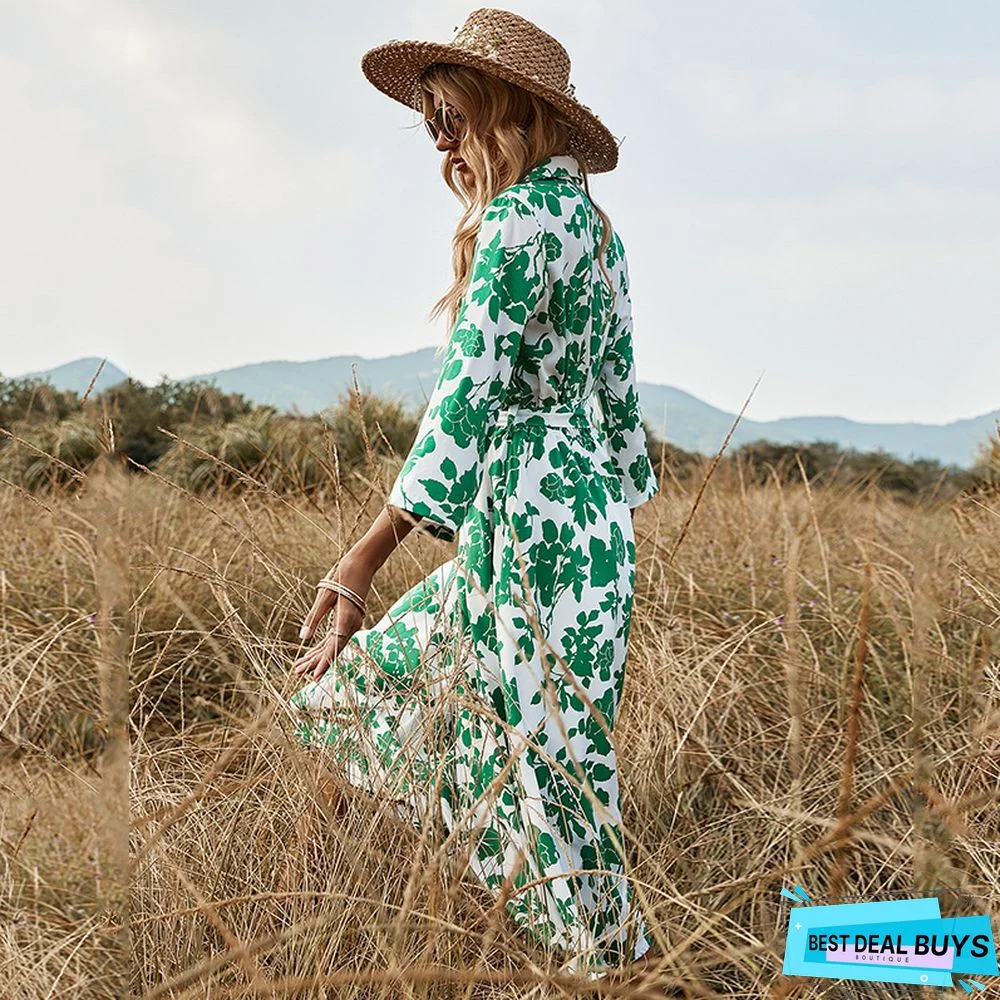 Fashion Women's Long Skirt Green Print Lace-up Dress Black Dresses