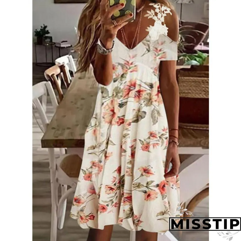 V Neck Open Shoulder Lace Printed Beach Dress