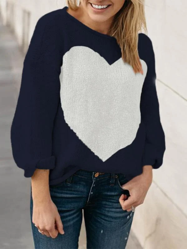 Womens Casual Long Sleeve Off The Shoulder Loose Knit heart print sweater