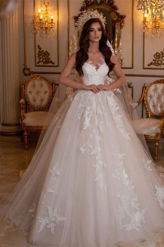 Oknass Tulle Ball Gown Sweetheart Wedding Dress With Flower Embroidery