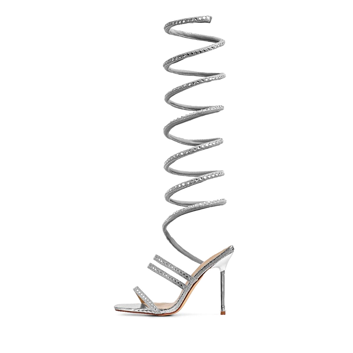 Silver Square Toe Stiletto Heel Spiral Wrap Around Rhinestone Sandals Nicepairs
