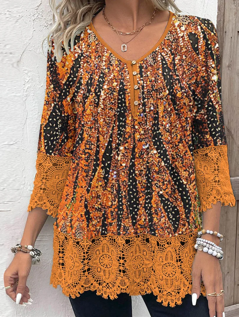 Women 3/4 Sleeve V-neck Polka Dot Printed Graphic Button Lace Tops