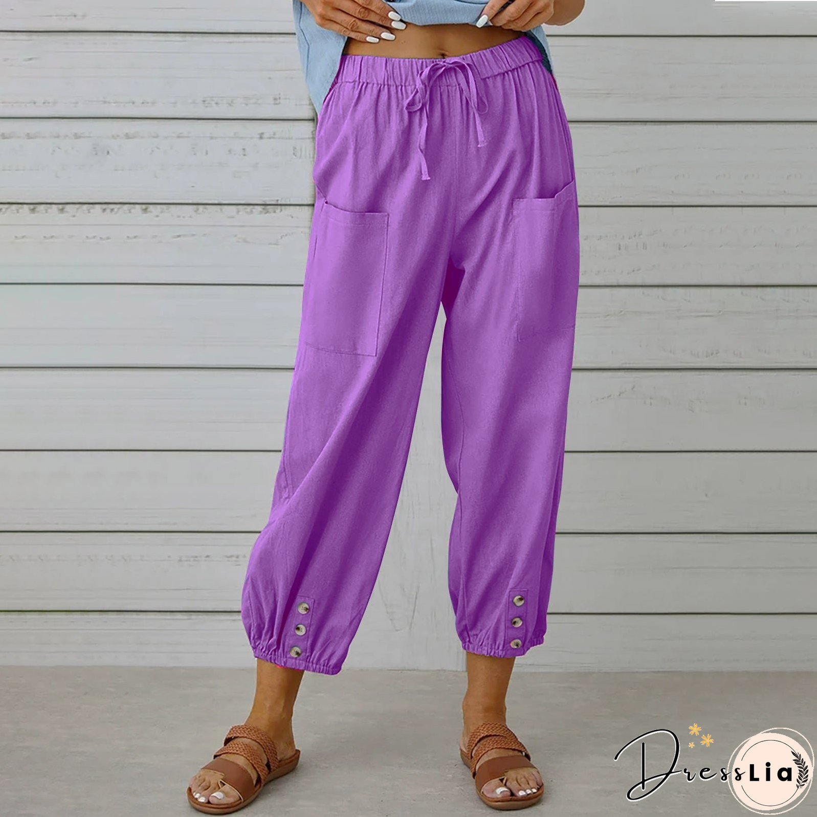 Women's High Waist Button Cotton Linen Trousers Pants