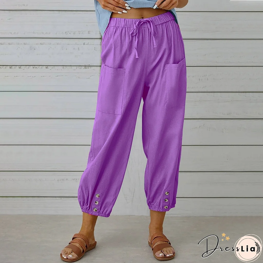 Women's High Waist Button Cotton Linen Trousers Pants