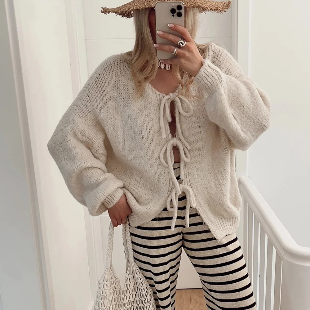 Brownm Brownm Autumn Winter New Round Collar Long Sleeve Top Pink Lace Sweater Lazy Wind Women's Cardigan Top