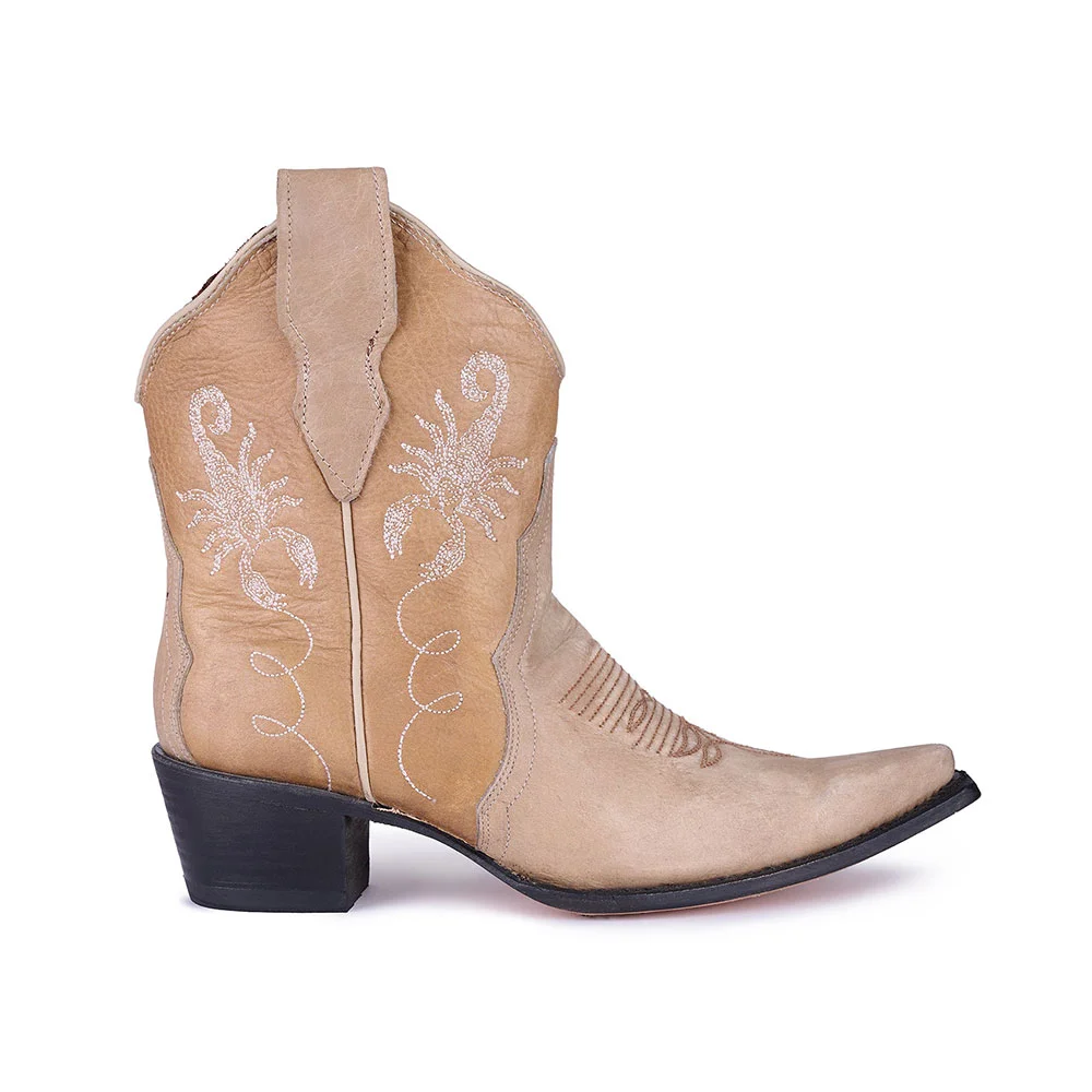Nude Pointed Toe Western Ankle Boots with Scorpion Embroidery