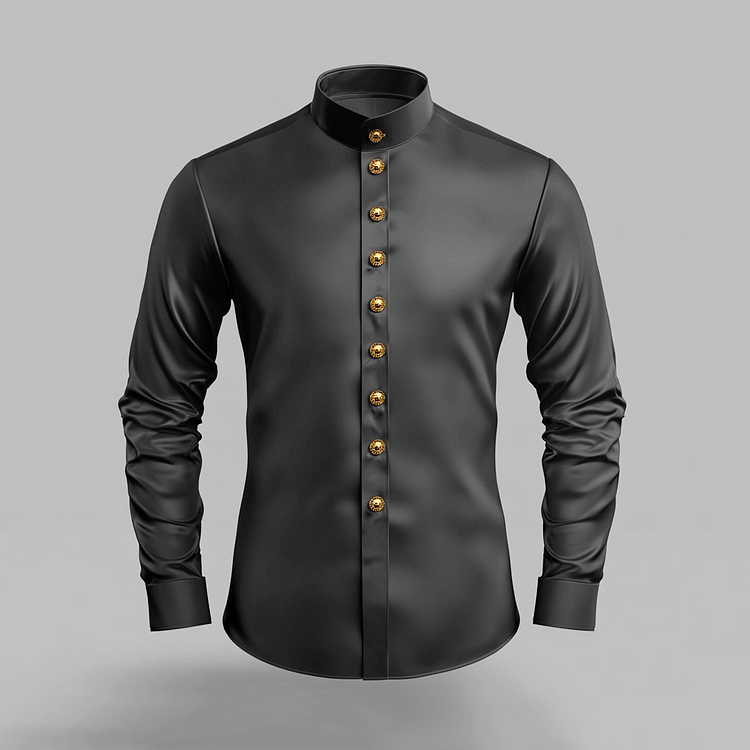 Men's Stand Collar Metal Button Long Sleeve Satin Shirt