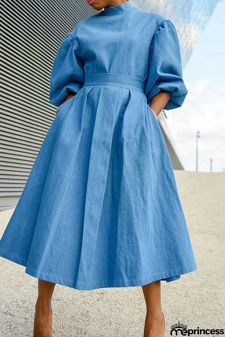 Turtleneck Neck Puff Sleeve Midi Dress