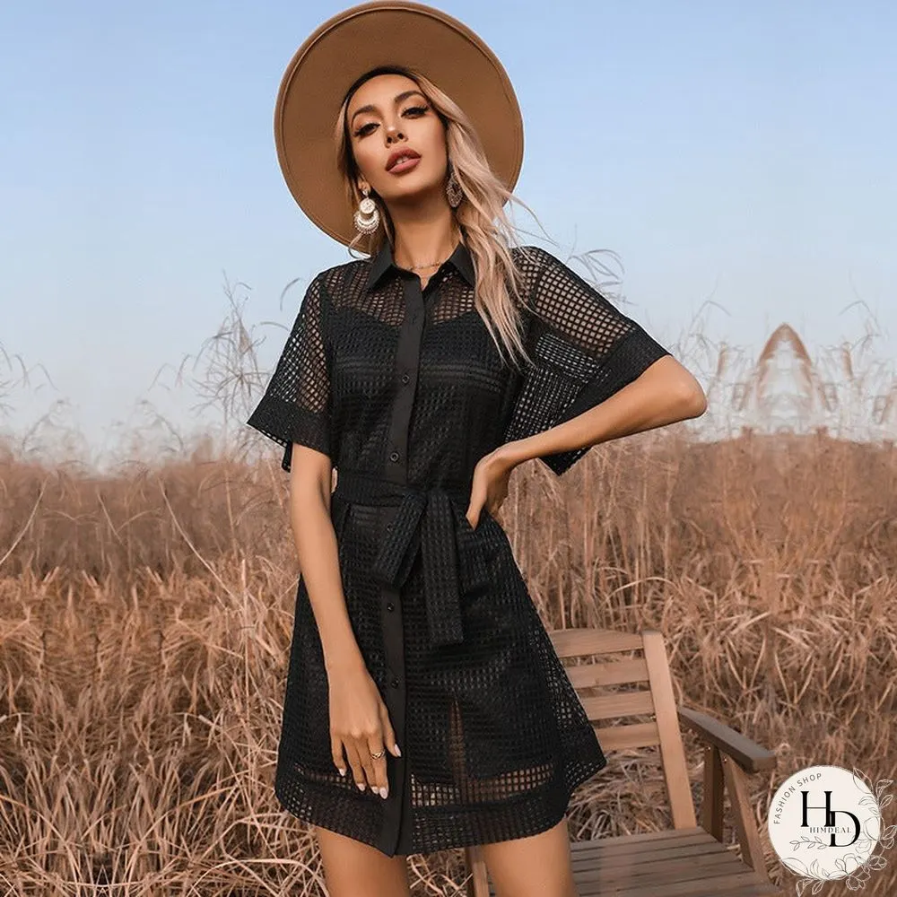 New Fashion Lace-up Black Mesh Perspective Dress Black Dresses