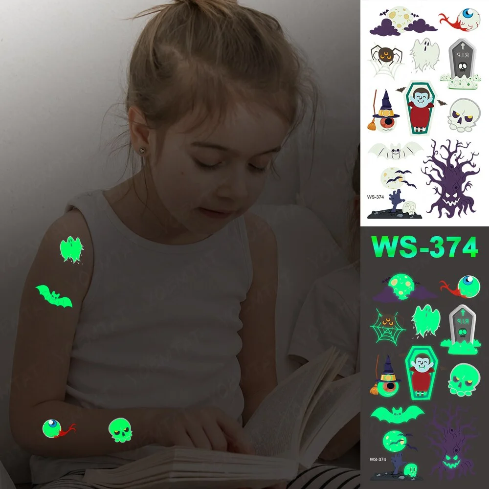 Halloween Party Cartoon Magic book witch Luminous night Tattoo Stickers Elf Ghost Temporary Waterproof Glitter Body Art For Kid
