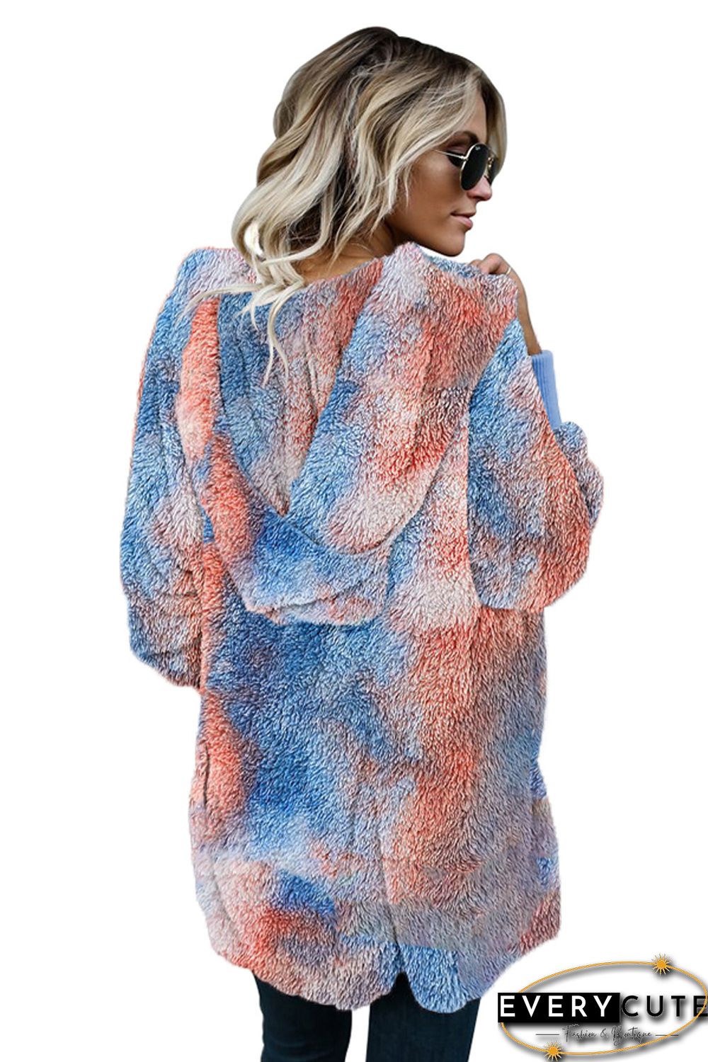 Tie Dye Soft Fleece Hooded Open Front Coat