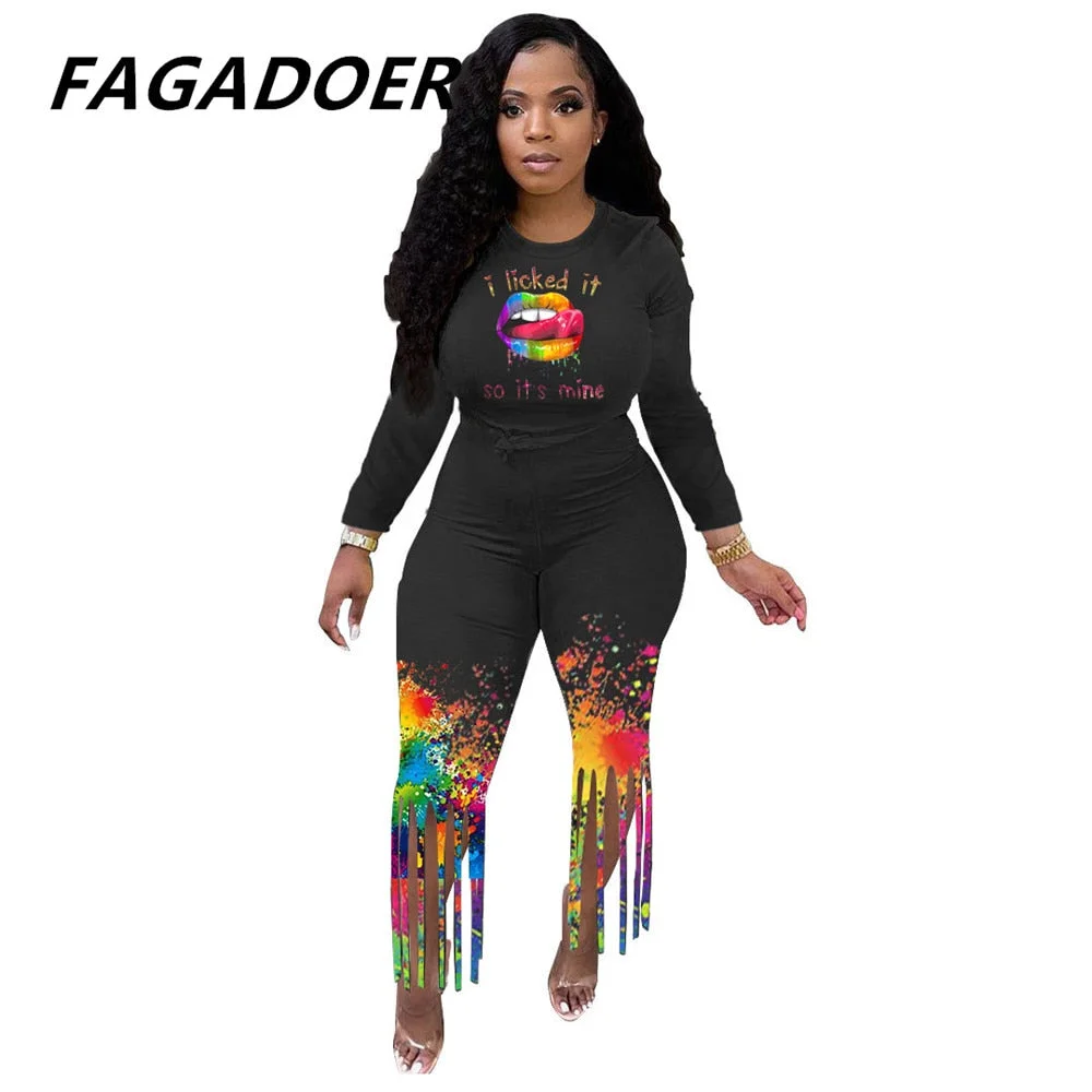 Fagadoer Tie Dye Casual Two Piece Set Plus Size Shorts Set Women Long Sleeve Crop Top Tassel Shorts Sport Traeksuits Outfits