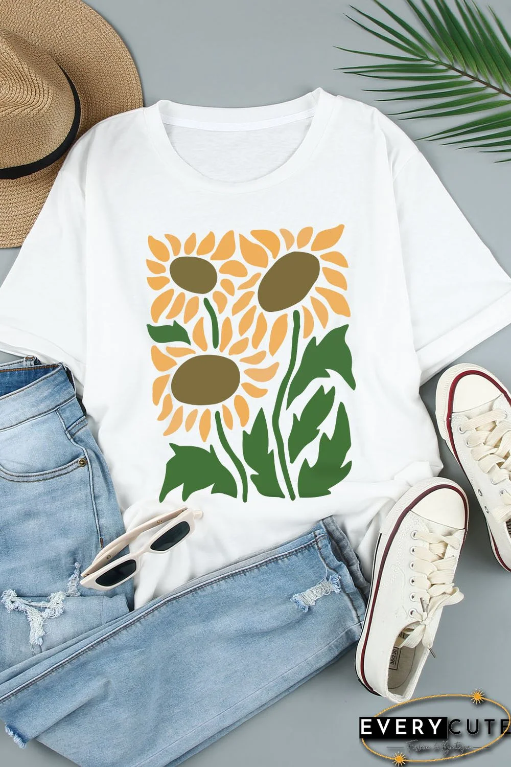 White Sunflower Graphic Print Crew Neck T Shirt