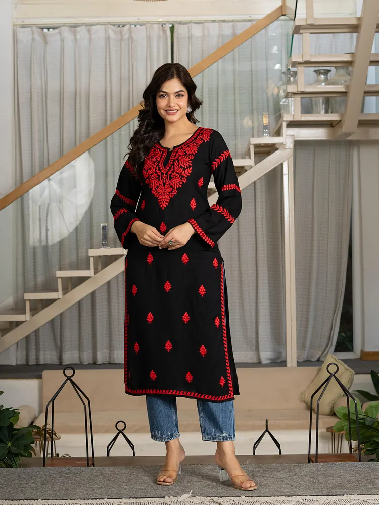 Women Black Red Embroidered Straight Kurta | Round Neck with Slit | Ethnic Wear