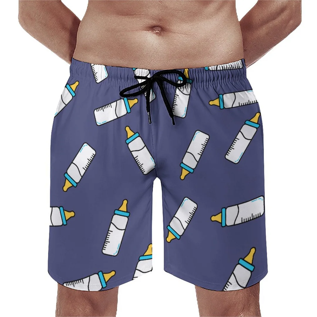 Baby Shower Milk Bottle Safari Animals Character Shape Men's Swim Trunks Summer Board Shorts Quick Dry Beach Short with Pockets