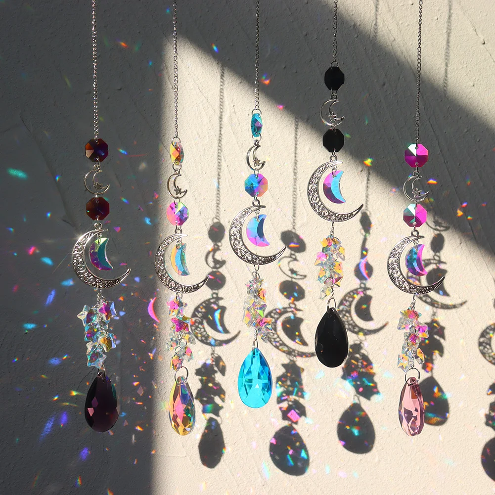 Crystal Diamond Wind Chimes Metal Hexagon Star Moon Hanging Ornaments Decor