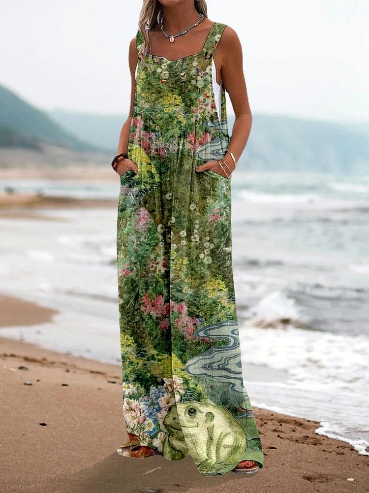 Women's Green Print Casual Strap Wide Leg Pants