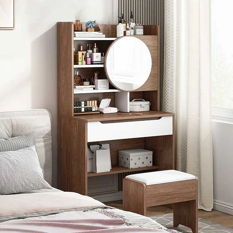 GLVEE Walnut Color Round Mirror Storage Dressing Table