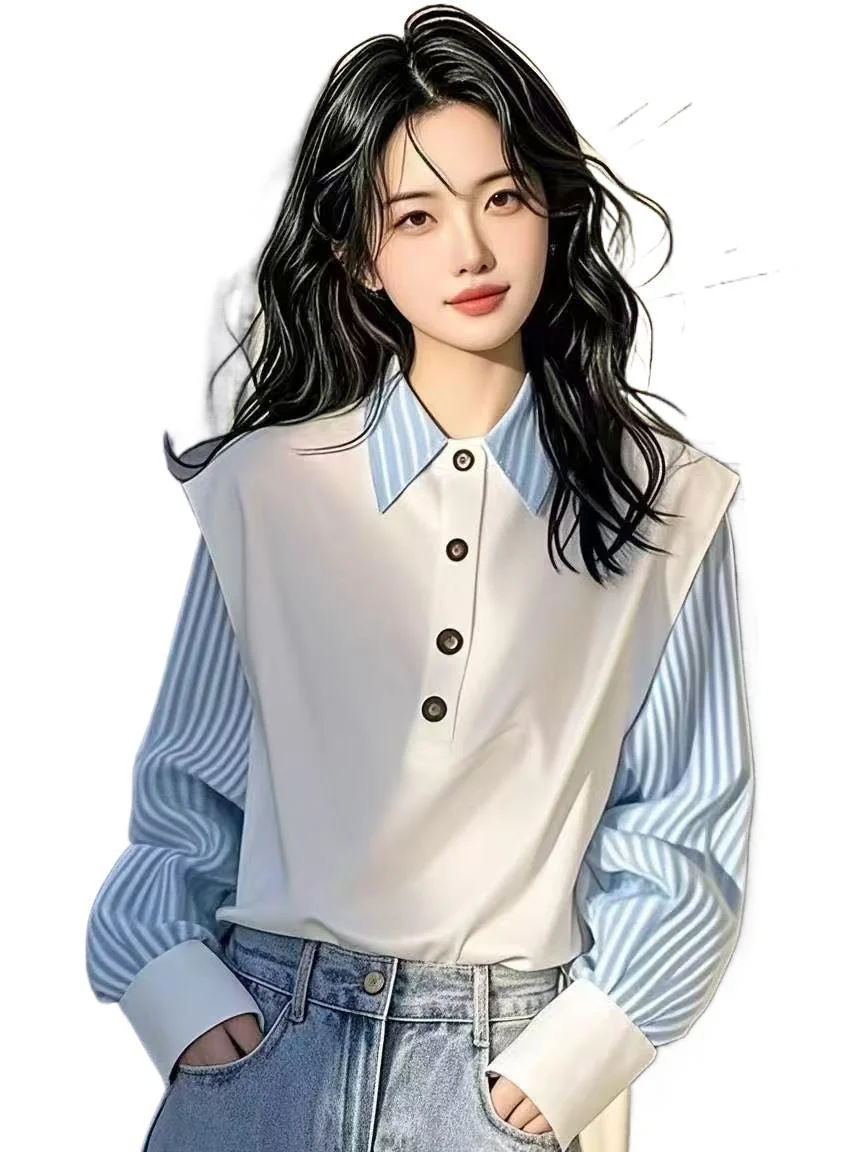 Athvotar Athvotar Year's Popular Explosion Super-Look Unique Beautiful Ocean Design Fake Two Blue Stripes Spliced Polo Shirt