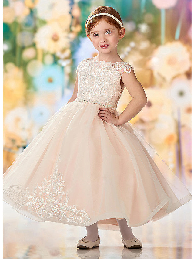 Oknass A-Line Sleeveless Jewel Neck Flower Girl Dresses Lace Tulle With Embroidery Appliques