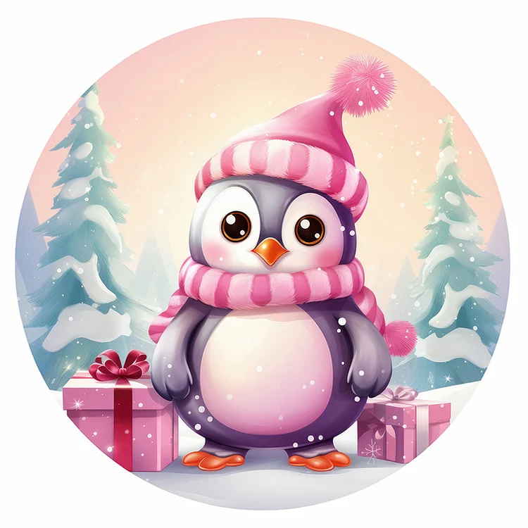 Pink Little Penguin In The Snow 30*30CM (Canvas) Full Round Drill Diamond Painting gbfke