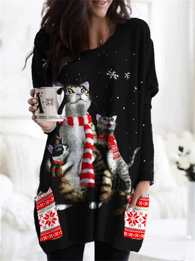 BrosWear Christmas Snowflake Cats Loose Long Sleeve Tunic