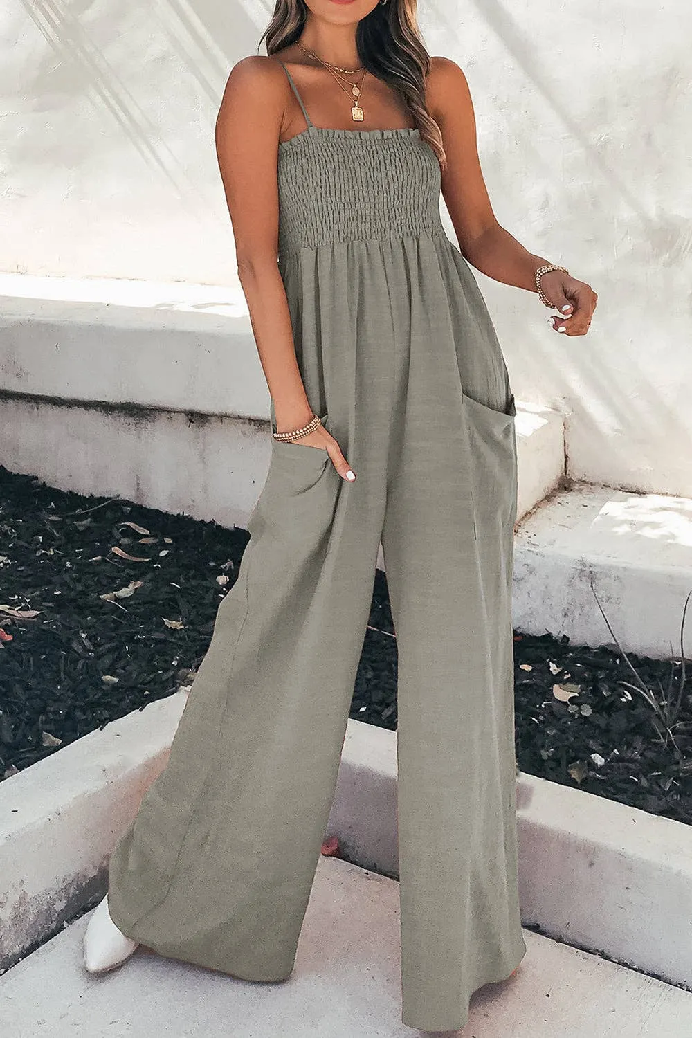 Smocked Spaghetti Strap Wide Leg Jumpsuit - Pocketed
