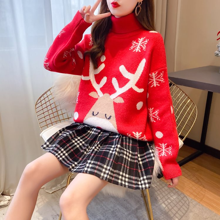 Red Age-Reduction Sweater Thickened Woolen Skirt Sets
